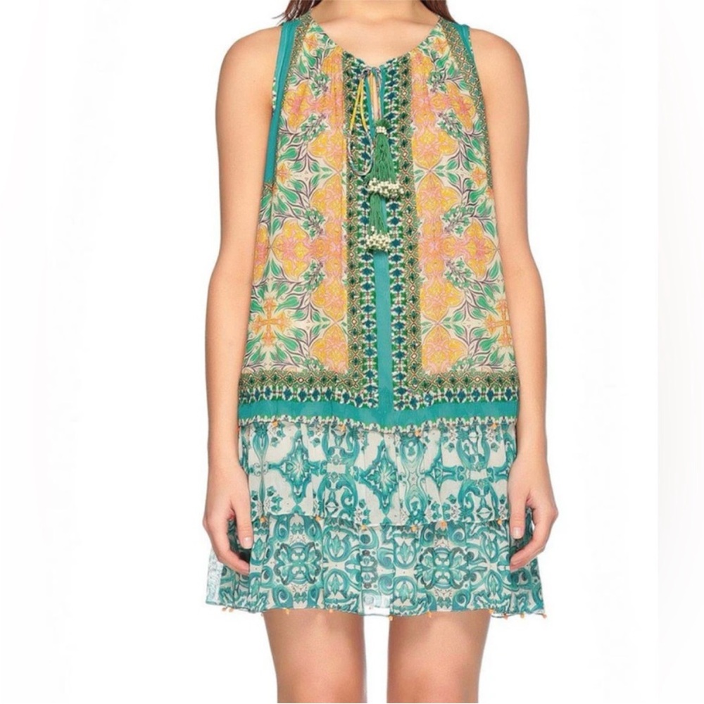 HEMANT & NANDITA Vibrant Silk Beaded Floral Mini Dress in Green and Orange